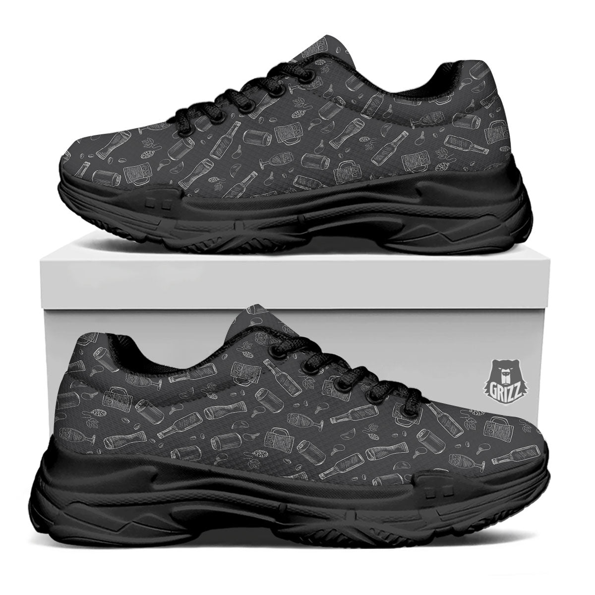 Beer White And Black Print Pattern Black Chunky Shoes-grizzshop