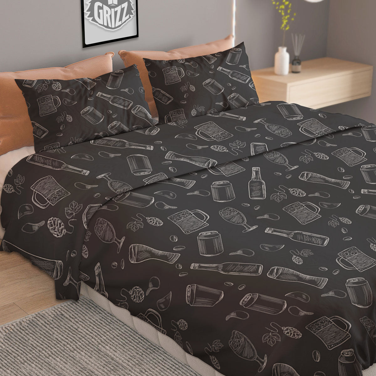 Beer White And Black Print Pattern Duvet Cover Bedding Set