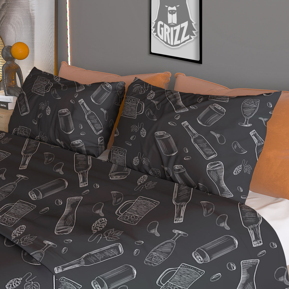 Beer White And Black Print Pattern Duvet Cover Bedding Set