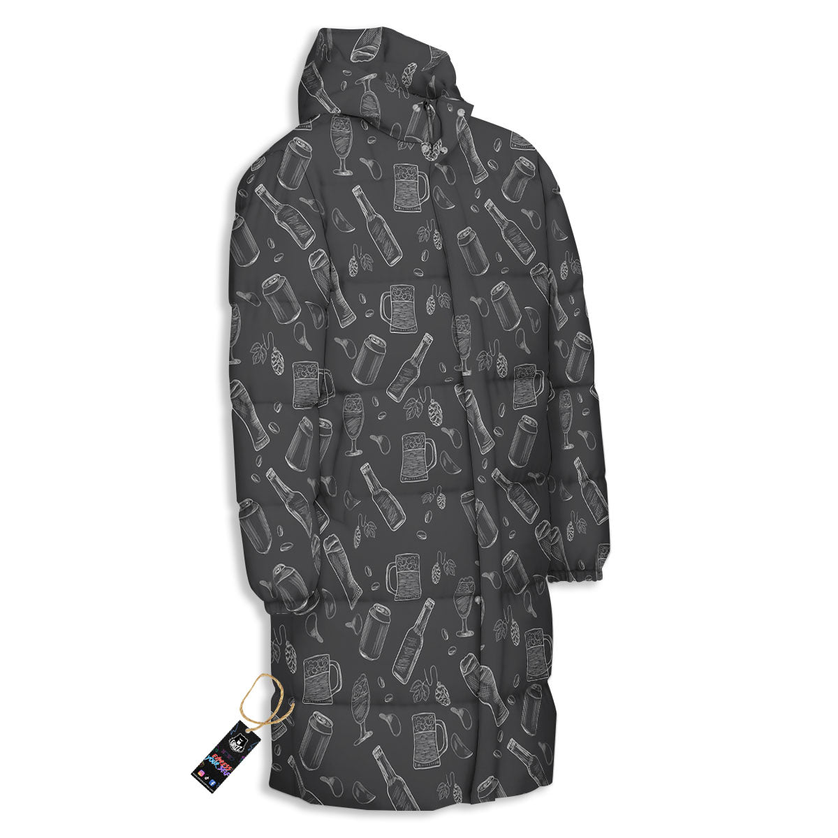 Beer White And Black Print Pattern Long Down Jacket-grizzshop