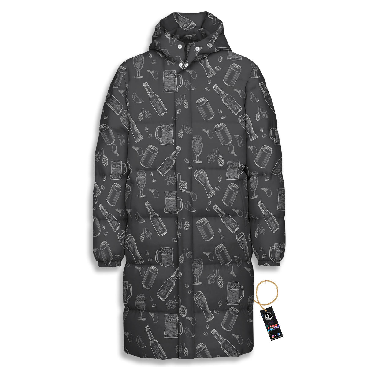Beer White And Black Print Pattern Long Down Jacket-grizzshop