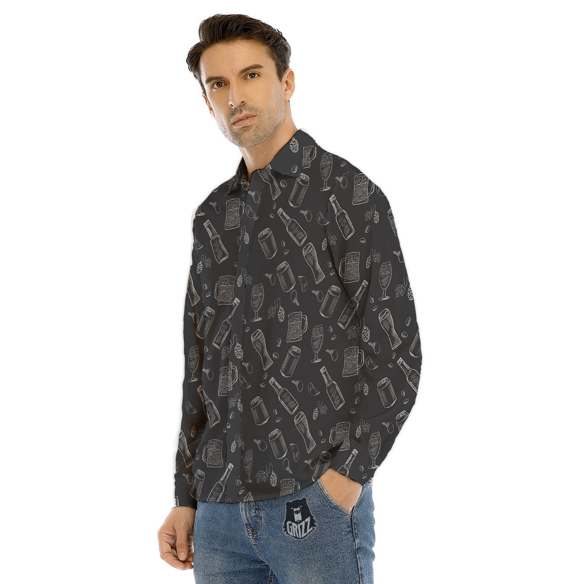 Beer White And Black Print Pattern Men's Dress Shirts-grizzshop