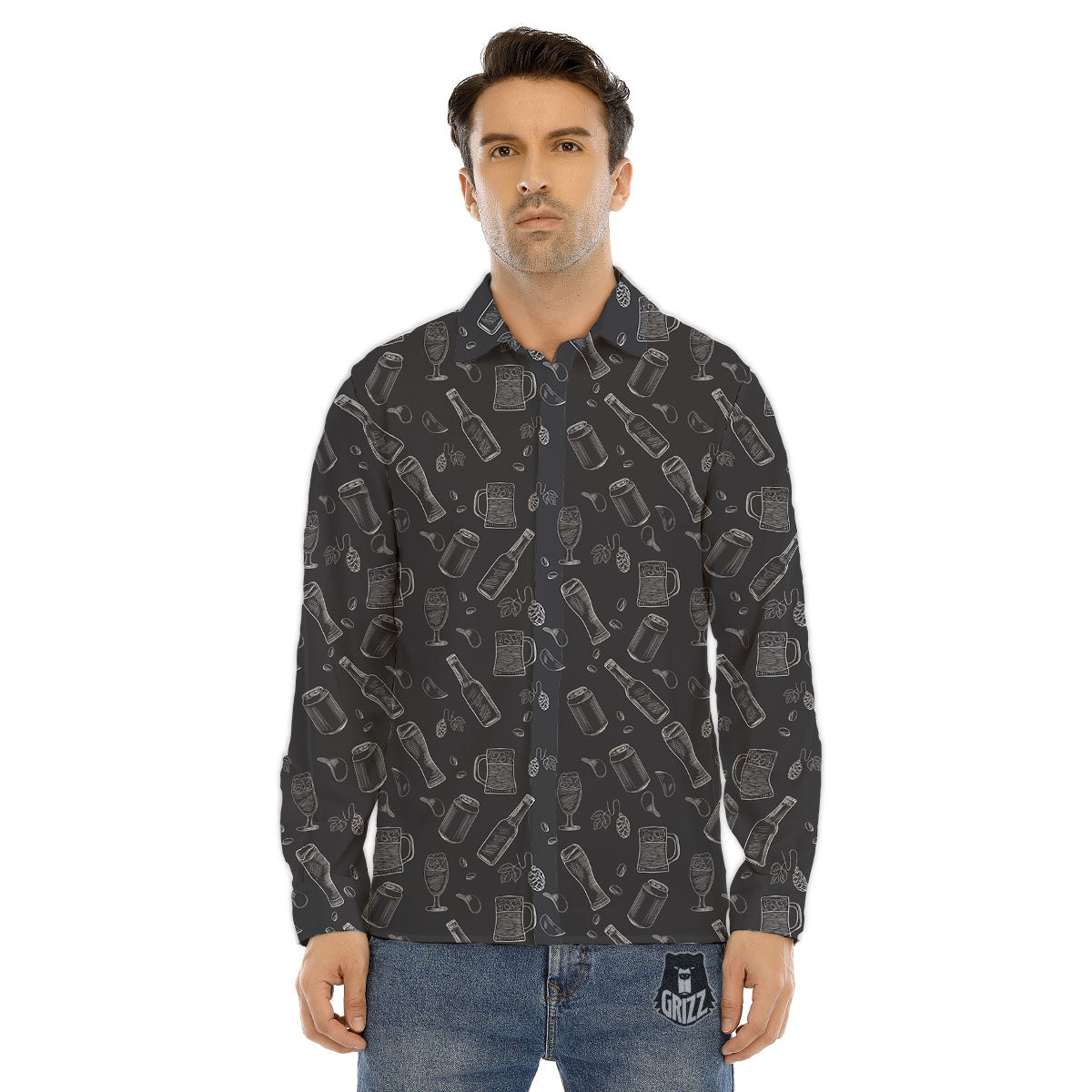 Beer White And Black Print Pattern Men's Dress Shirts-grizzshop