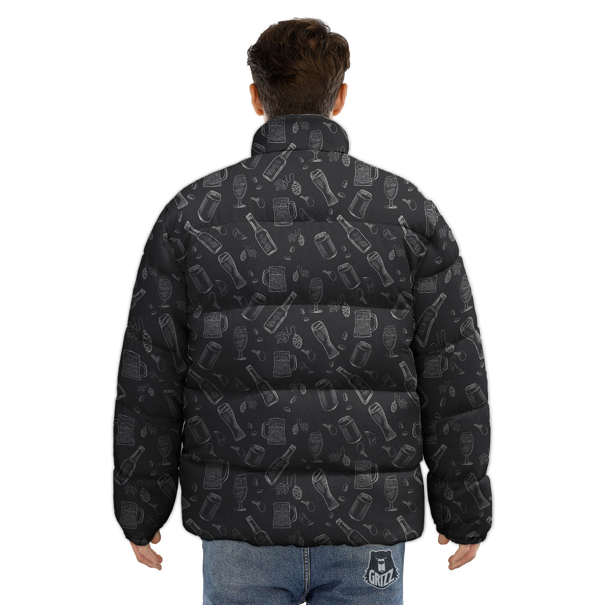 Beer White And Black Print Pattern Puffer Jacket-grizzshop