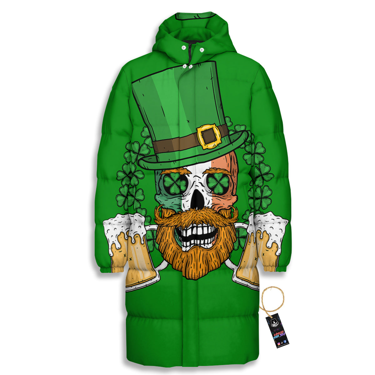 Beer And Clover St. Patrick's Day Print Long Down Jacket
