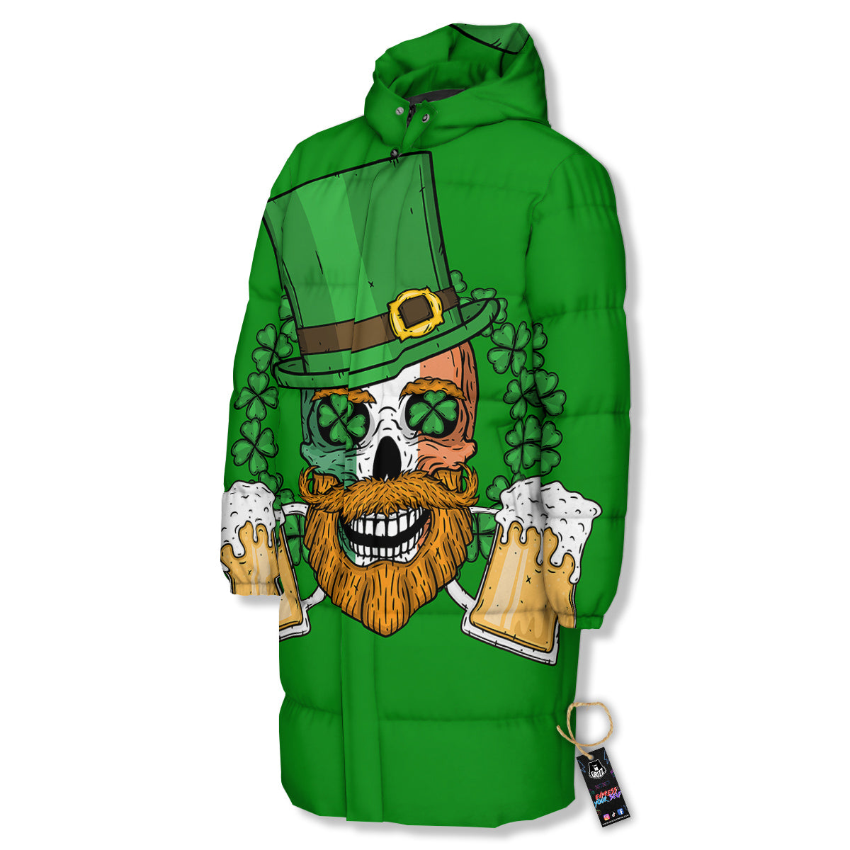 Beer And Clover St. Patrick's Day Print Long Down Jacket