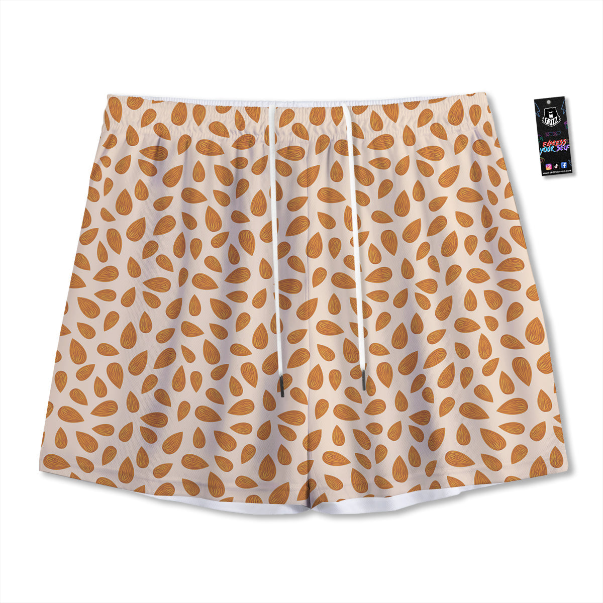 Beige Almond Print Pattern Mesh Shorts-grizzshop