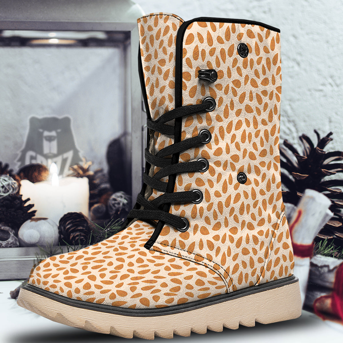 Beige Almond Print Pattern Snow Boots-grizzshop