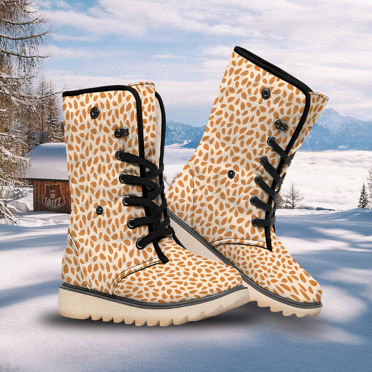 Beige Almond Print Pattern Snow Boots-grizzshop