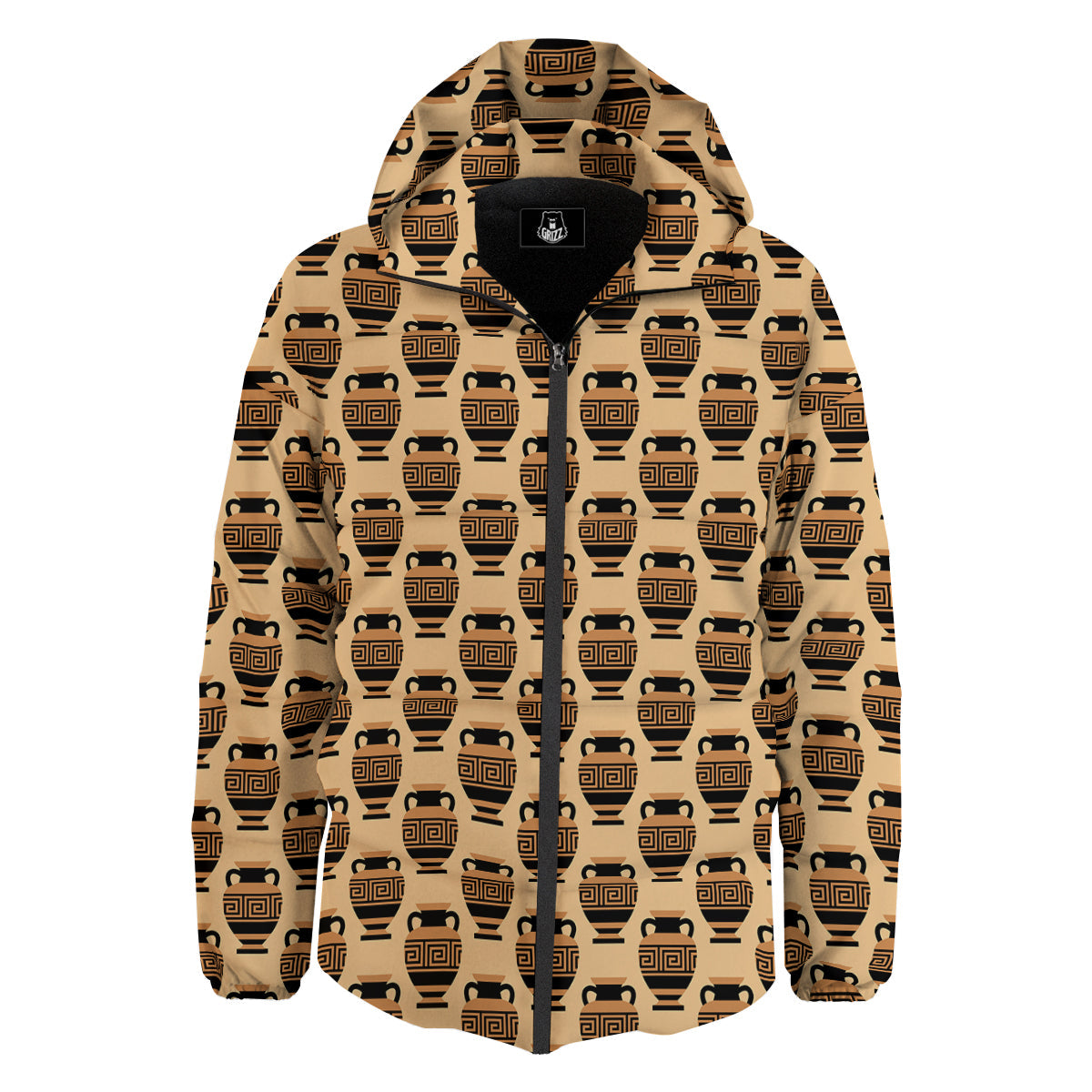 Beige Amphora Greek Print Pattern Down Jacket-grizzshop