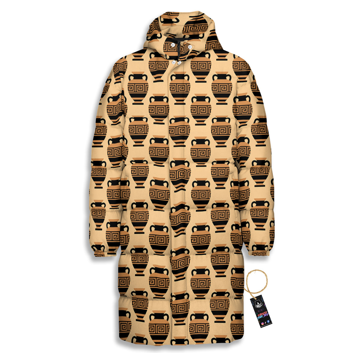 Beige Amphora Greek Print Pattern Long Down Jacket-grizzshop
