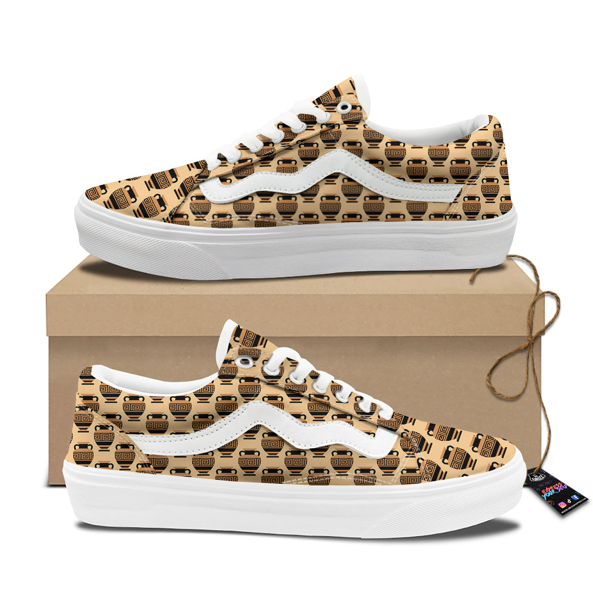 Beige Amphora Greek Print Pattern Skate Shoes-grizzshop