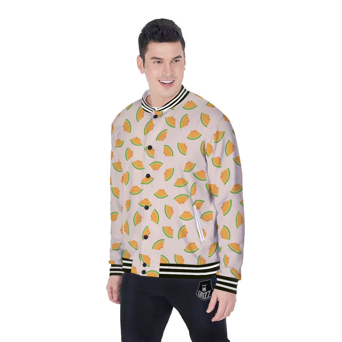 Beige And Melon Print Pattern Baseball Jacket-grizzshop