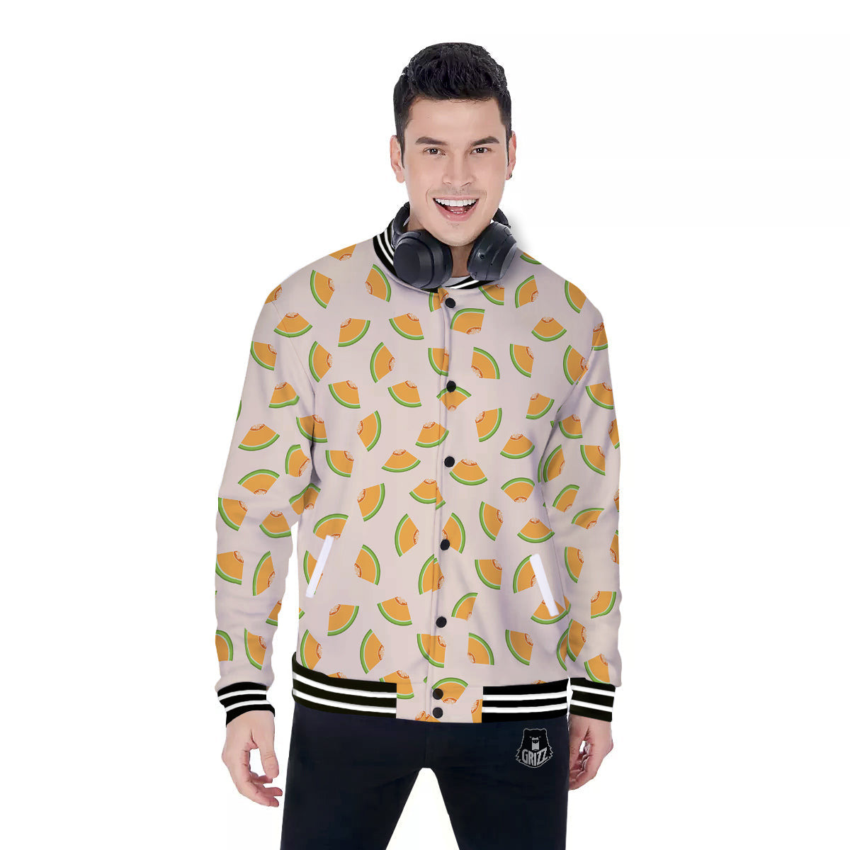 Beige And Melon Print Pattern Baseball Jacket-grizzshop