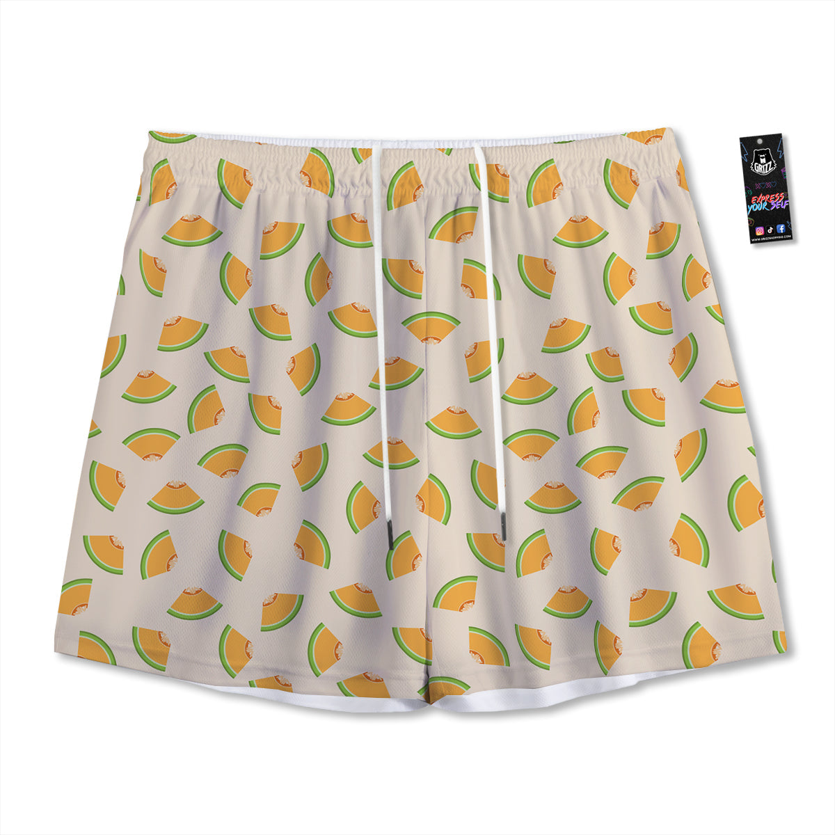 Beige And Melon Print Pattern Mesh Shorts-grizzshop