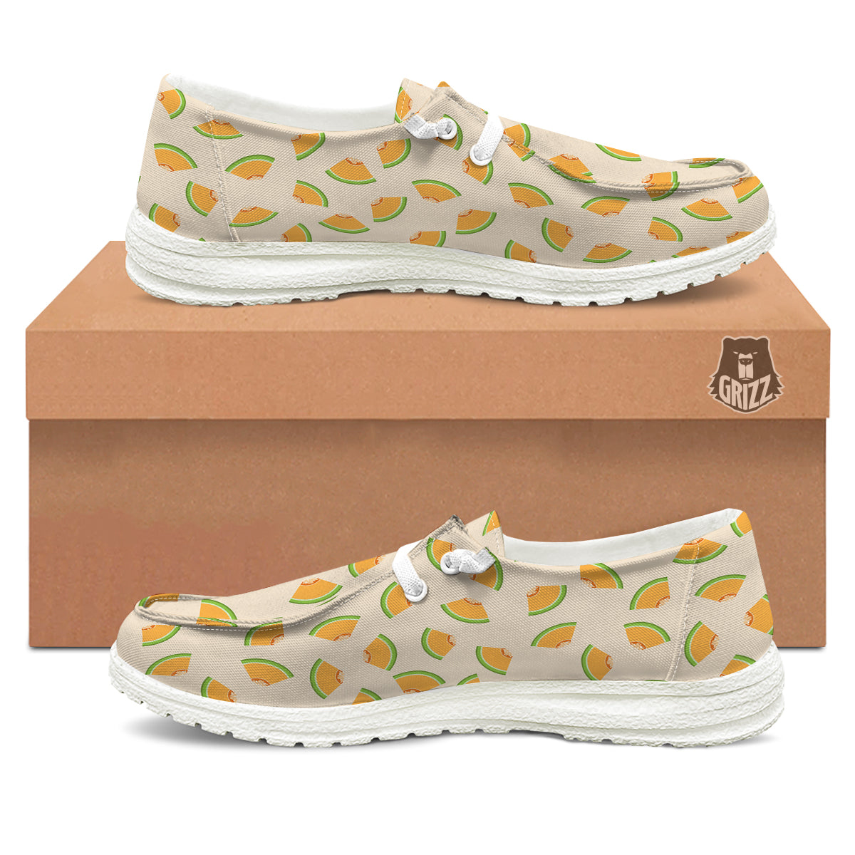 Beige And Melon Print Pattern White Loafers-grizzshop