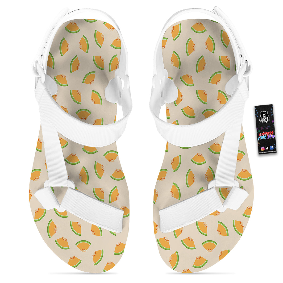 Beige And Melon Print Pattern White Open Toe Sandals-grizzshop