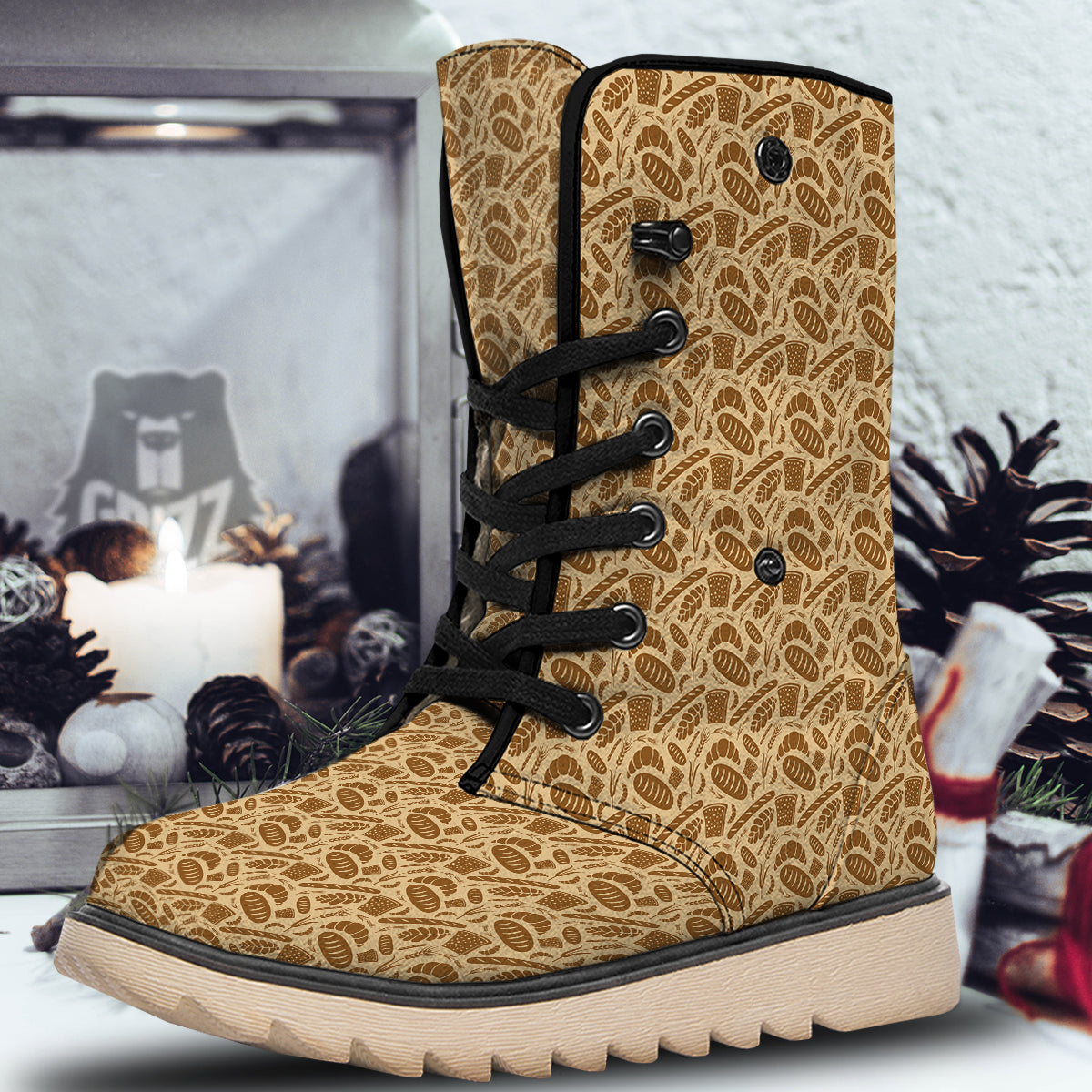 Beige Brown Bakery Print Pattern Snow Boots-grizzshop