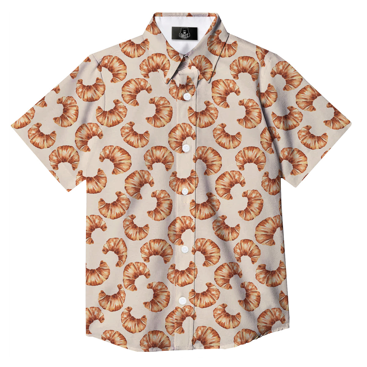 Beige Croissant Watercolor Print Pattern Button Up Shirt-grizzshop