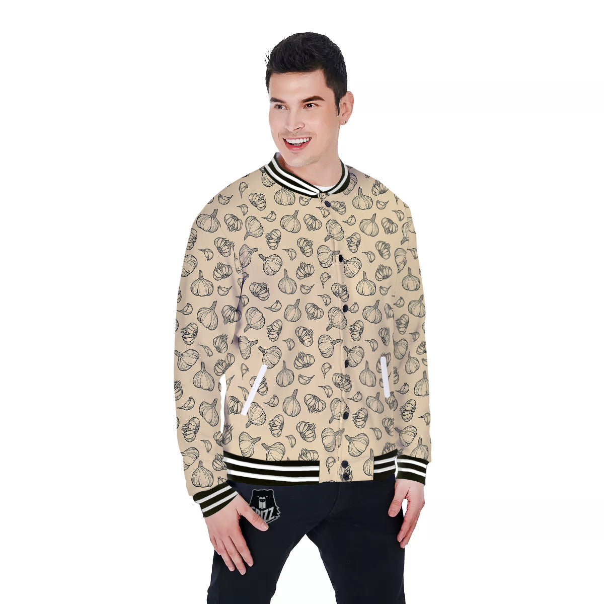 Beige Drawing Garlic Print Pattern Baseball Jacket-grizzshop