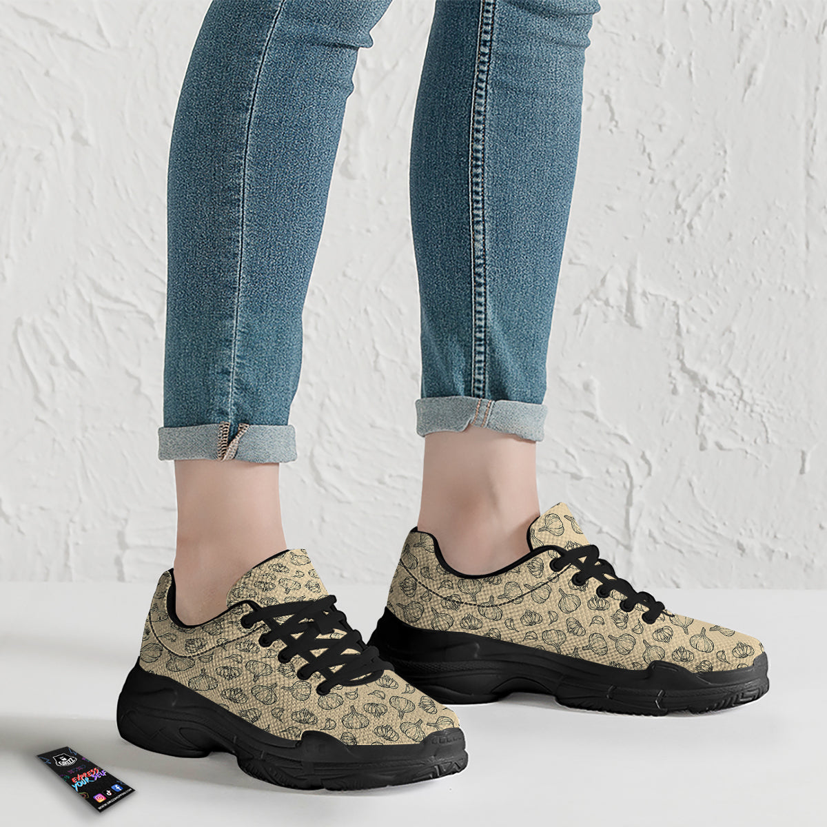 Beige Drawing Garlic Print Pattern Black Chunky Shoes-grizzshop