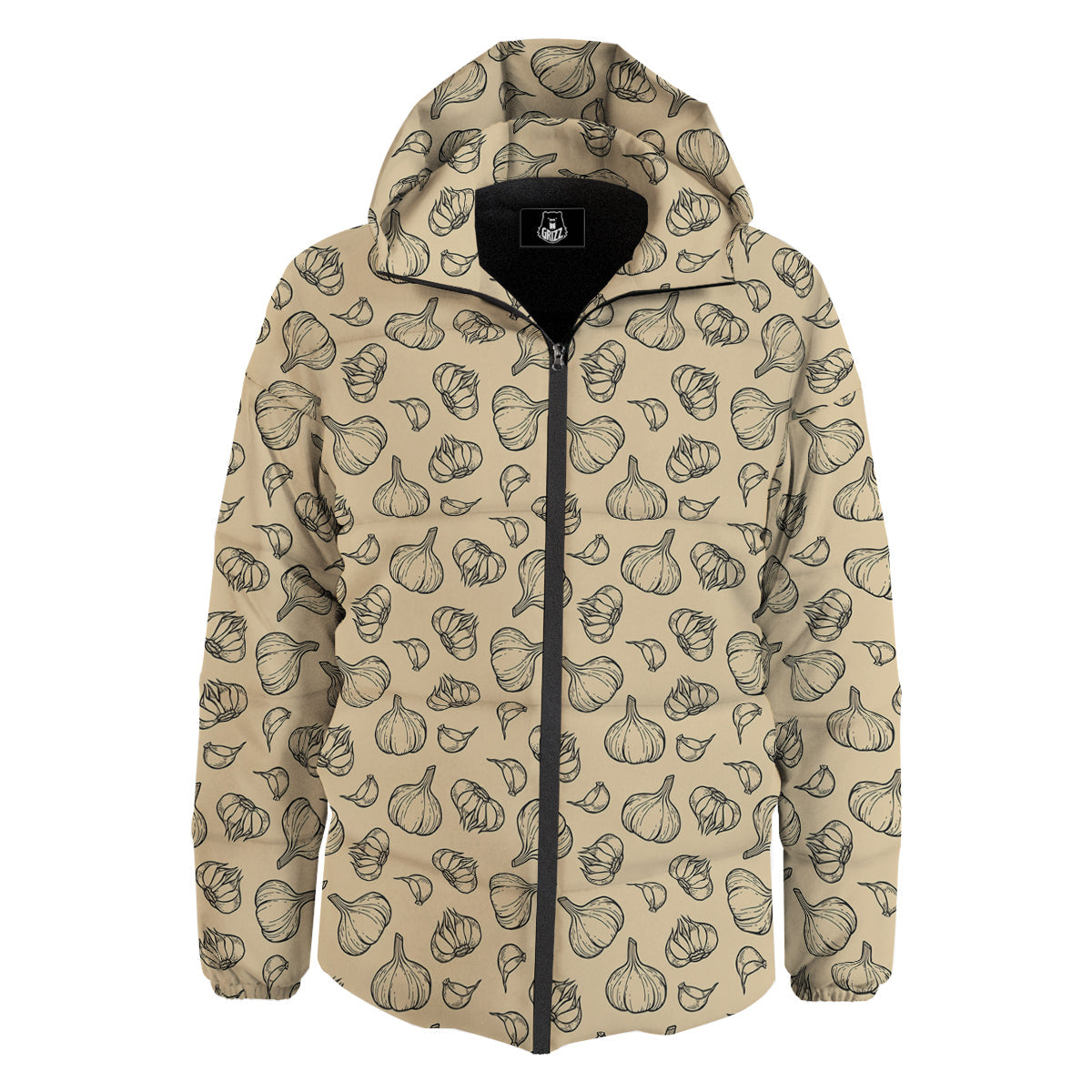 Beige Drawing Garlic Print Pattern Down Jacket-grizzshop