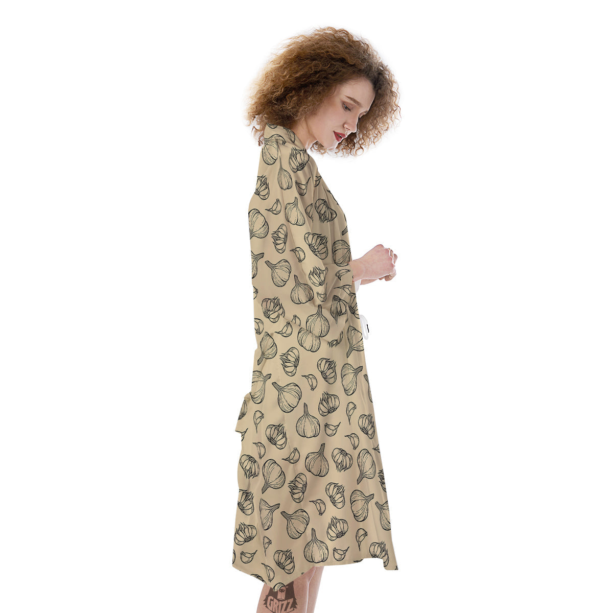 Beige Drawing Garlic Print Pattern Kimono-grizzshop