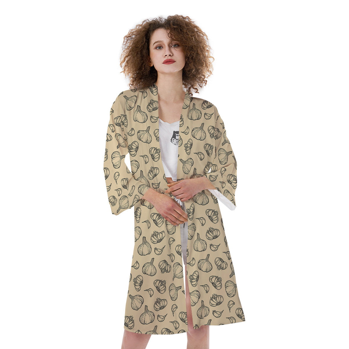 Beige Drawing Garlic Print Pattern Kimono-grizzshop