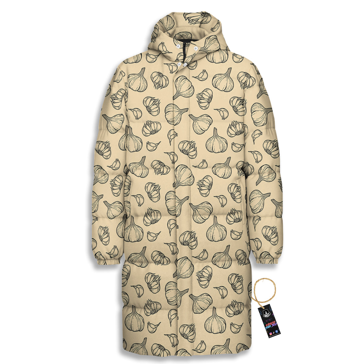 Beige Drawing Garlic Print Pattern Long Down Jacket-grizzshop