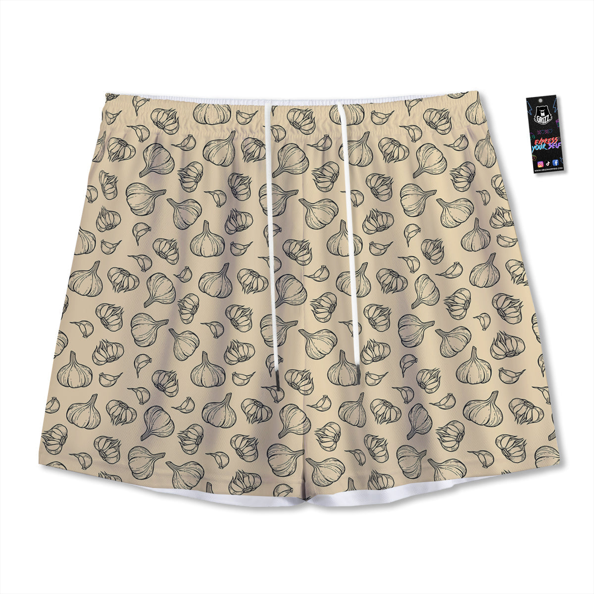 Beige Drawing Garlic Print Pattern Mesh Shorts-grizzshop