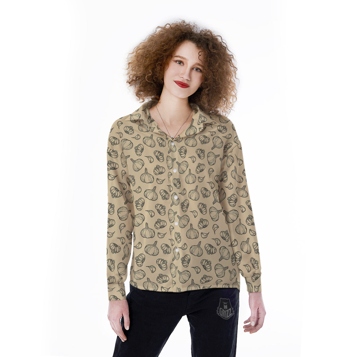 Beige Drawing Garlic Print Pattern Women's Long Sleeve Shirts-grizzshop
