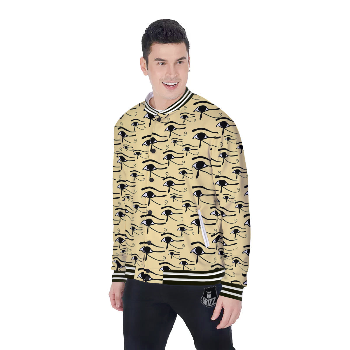 Beige Eye of Horus Print Pattern Baseball Jacket-grizzshop