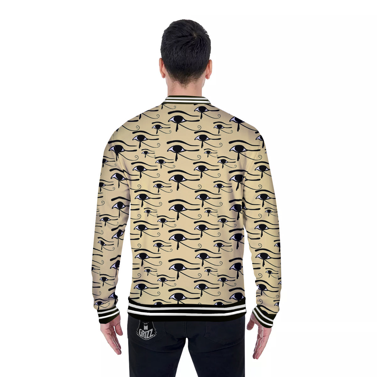 Beige Eye of Horus Print Pattern Baseball Jacket-grizzshop