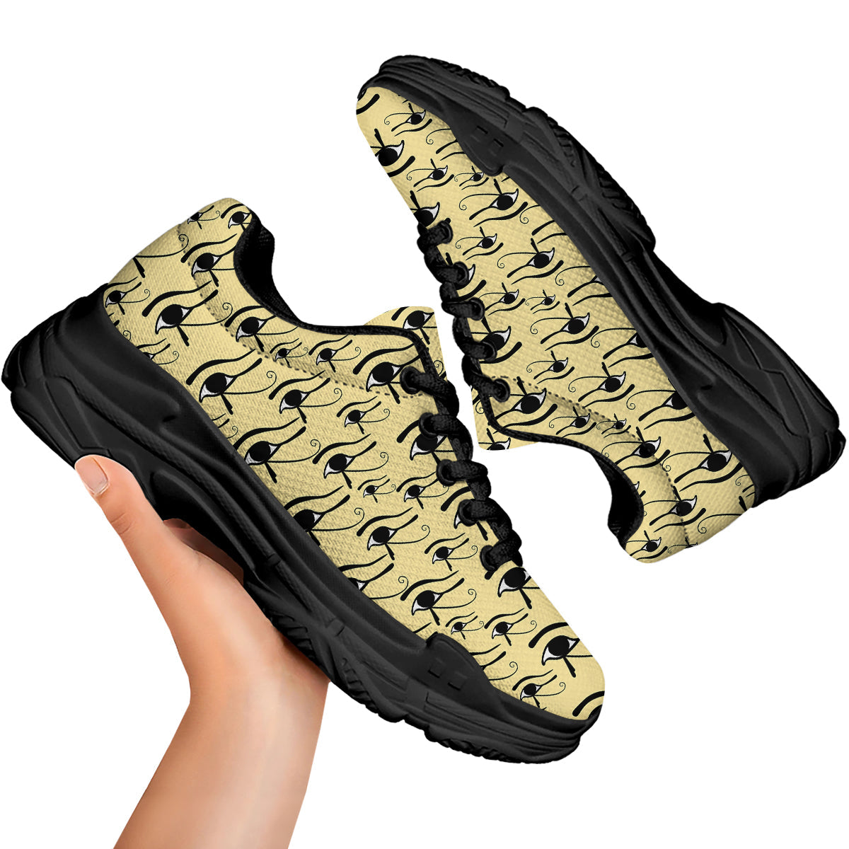 Beige Eye of Horus Print Pattern Black Chunky Shoes-grizzshop