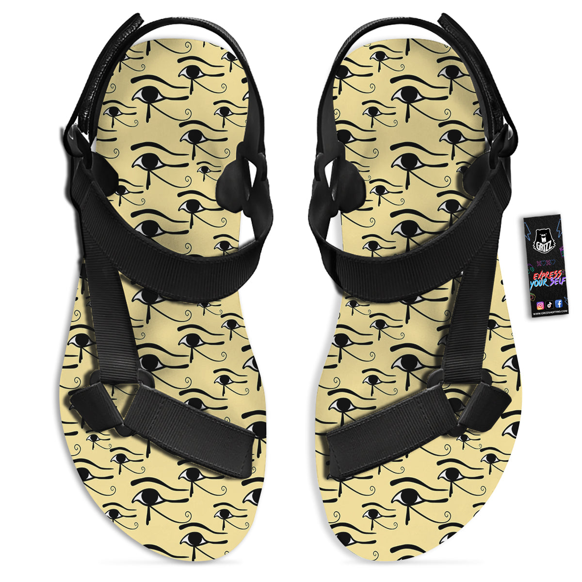 Beige Eye of Horus Print Pattern Black Open Toe Sandals-grizzshop