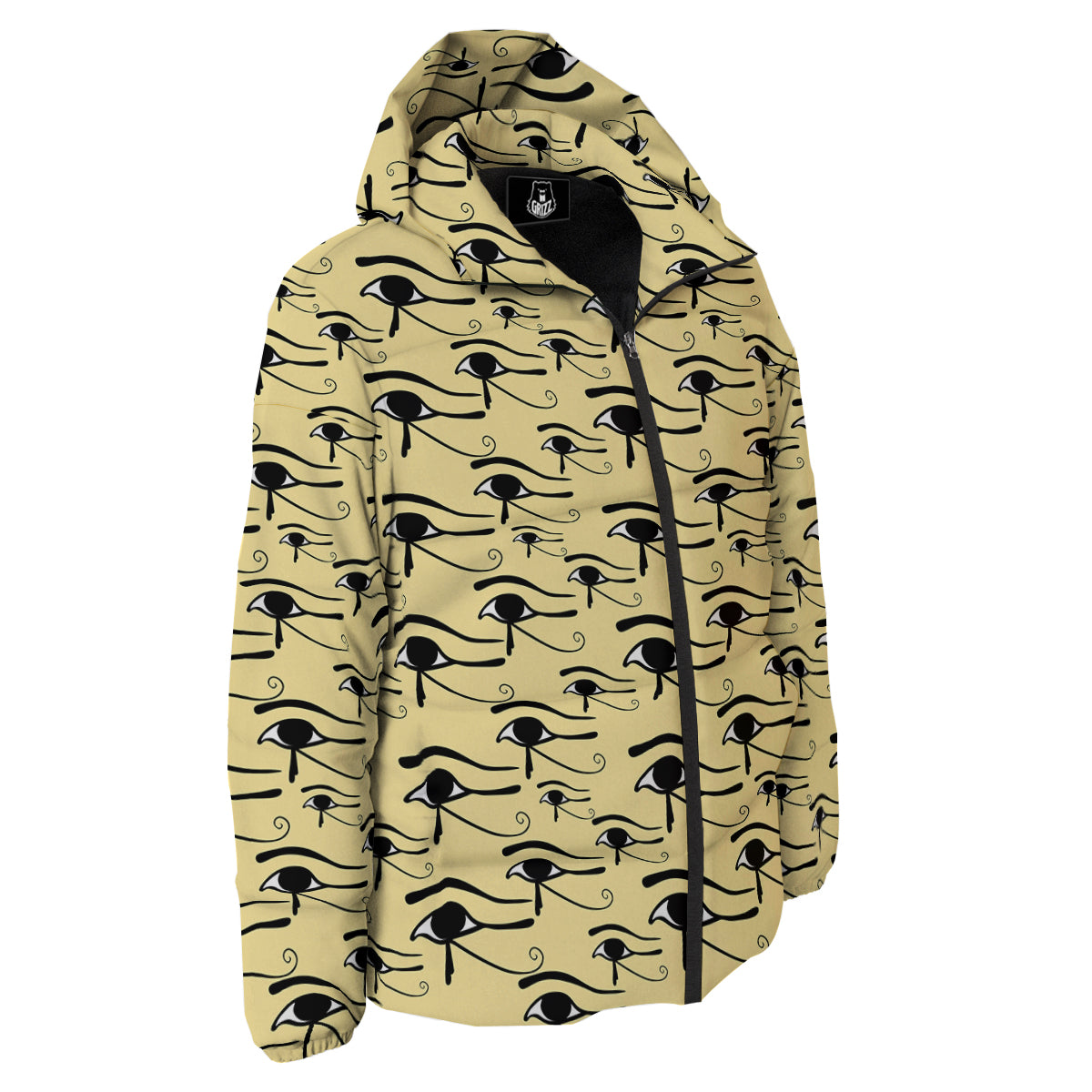 Beige Eye of Horus Print Pattern Down Jacket-grizzshop