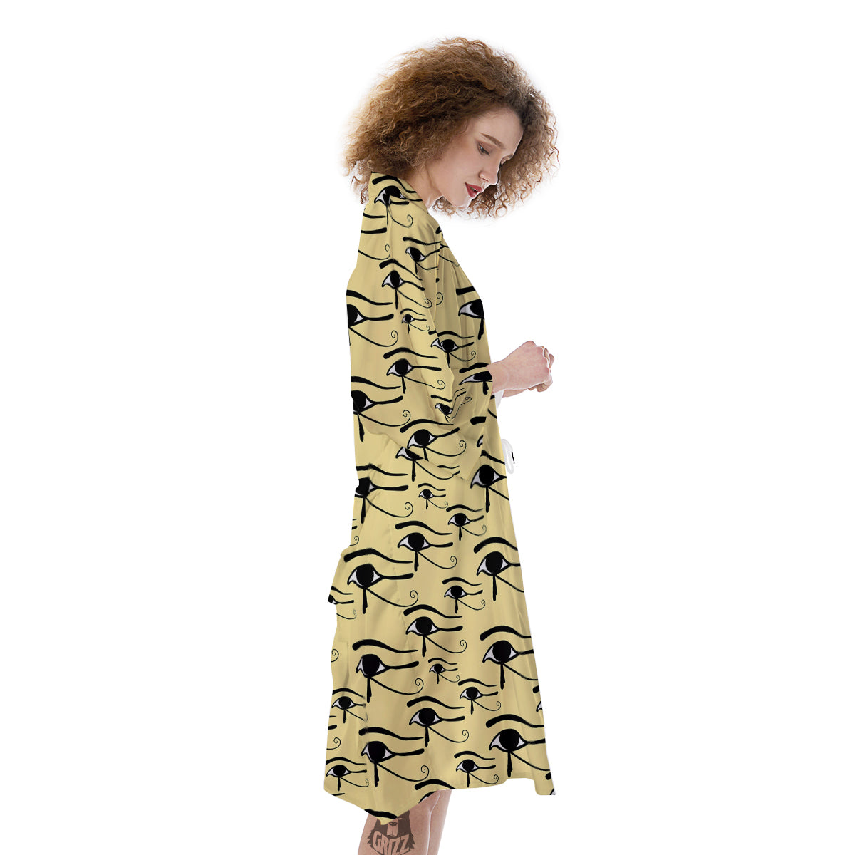 Beige Eye of Horus Print Pattern Kimono-grizzshop