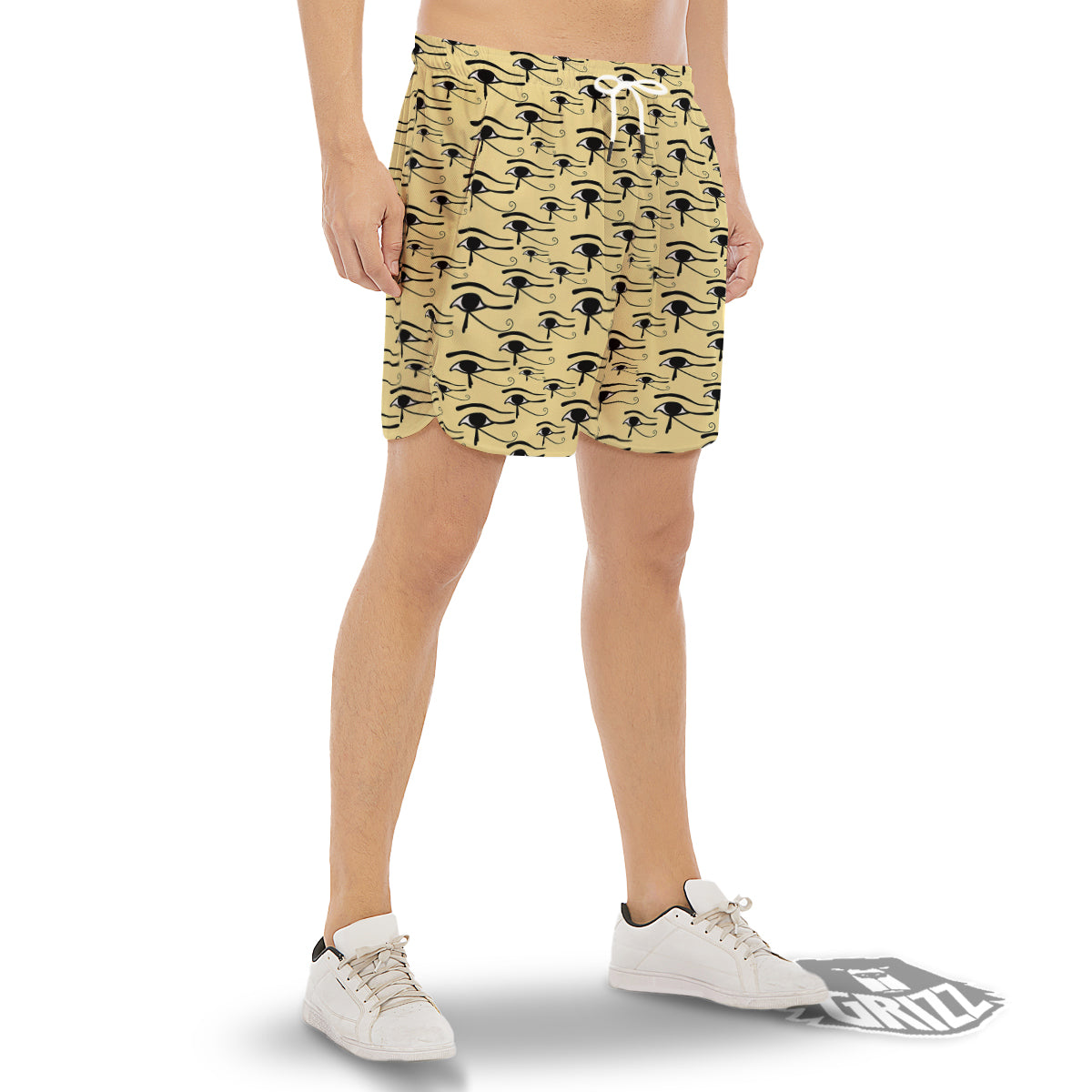 Beige Eye of Horus Print Pattern Men's Gym Shorts-grizzshop