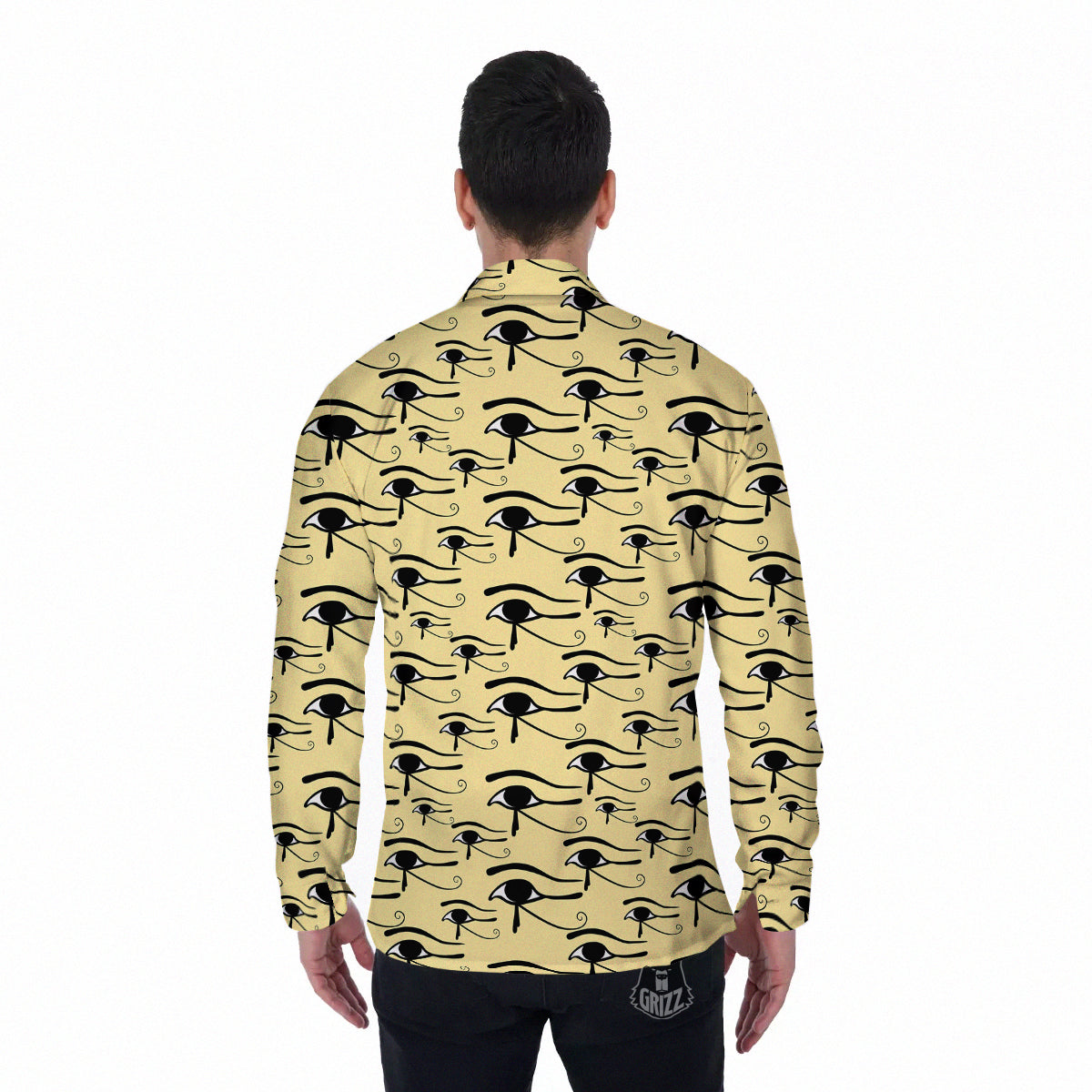 Beige Eye of Horus Print Pattern Men's Long Sleeve Shirts-grizzshop