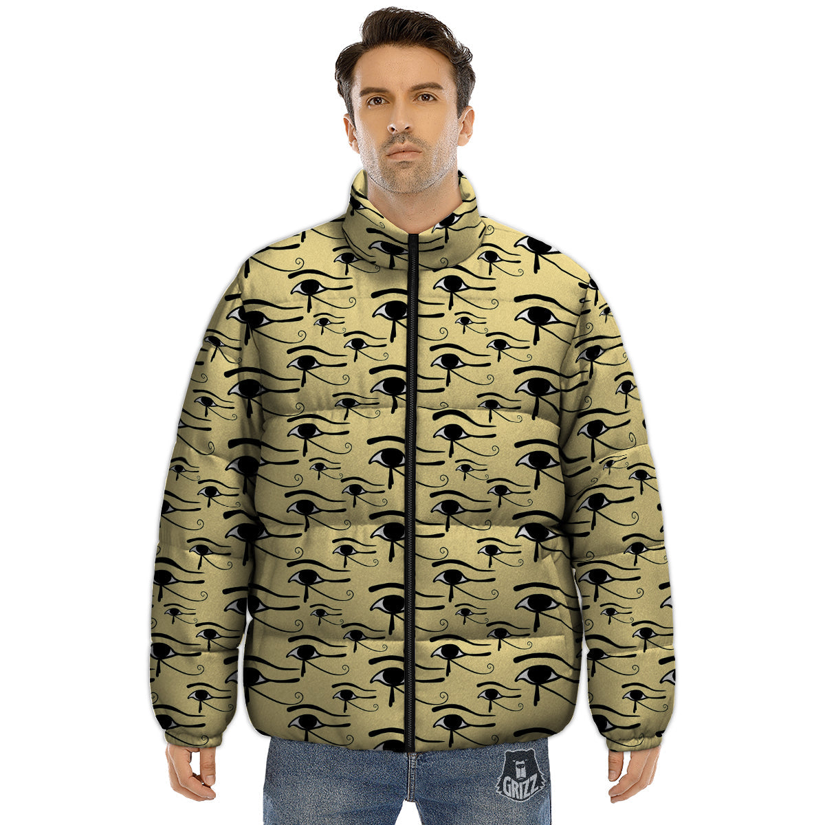 Beige Eye of Horus Print Pattern Puffer Jacket-grizzshop