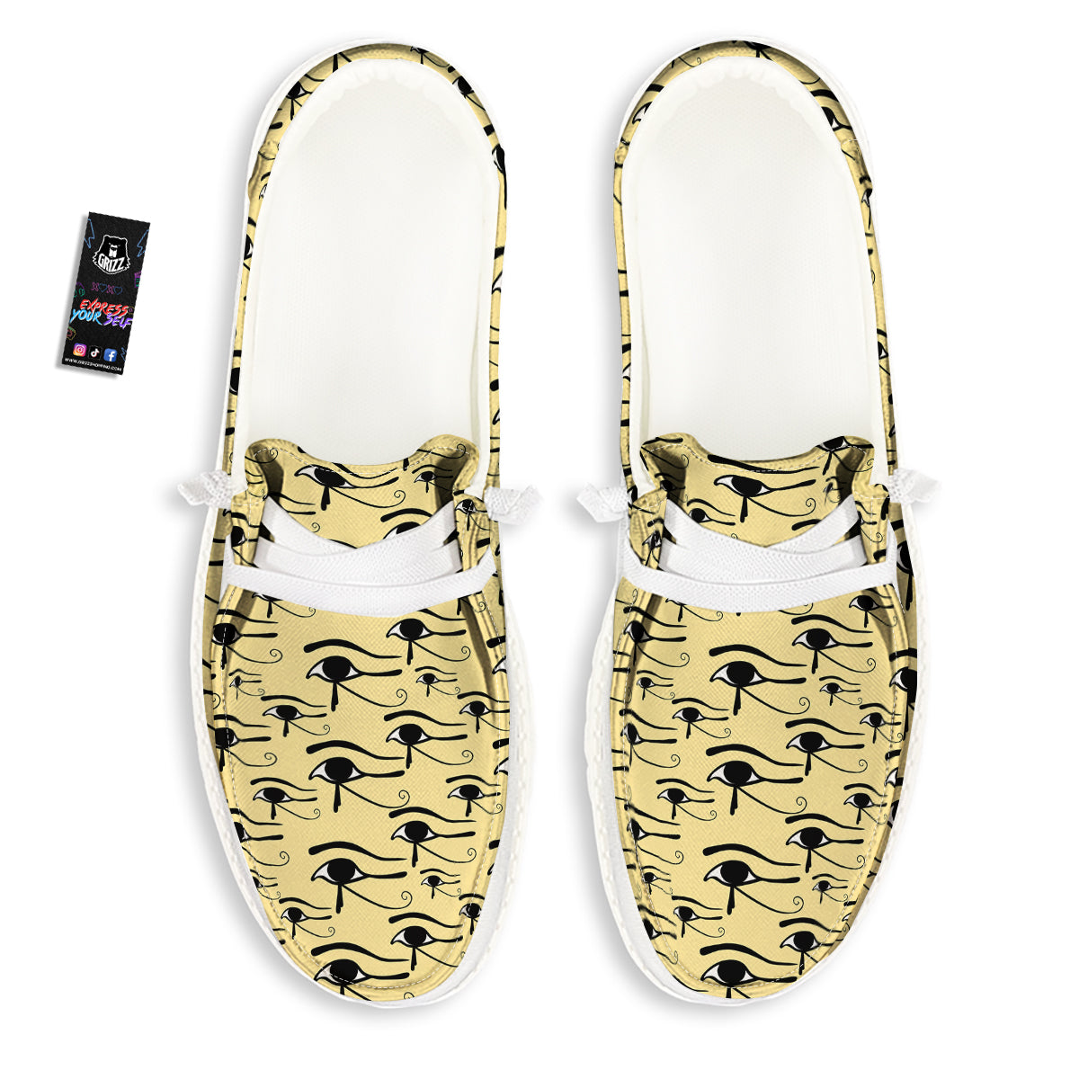 Beige Eye of Horus Print Pattern White Loafers-grizzshop