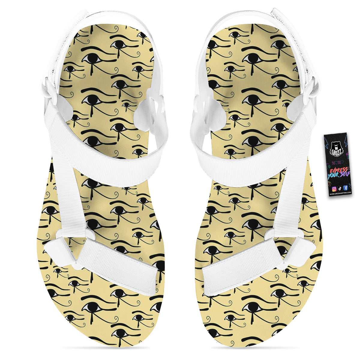 Beige Eye of Horus Print Pattern White Open Toe Sandals-grizzshop