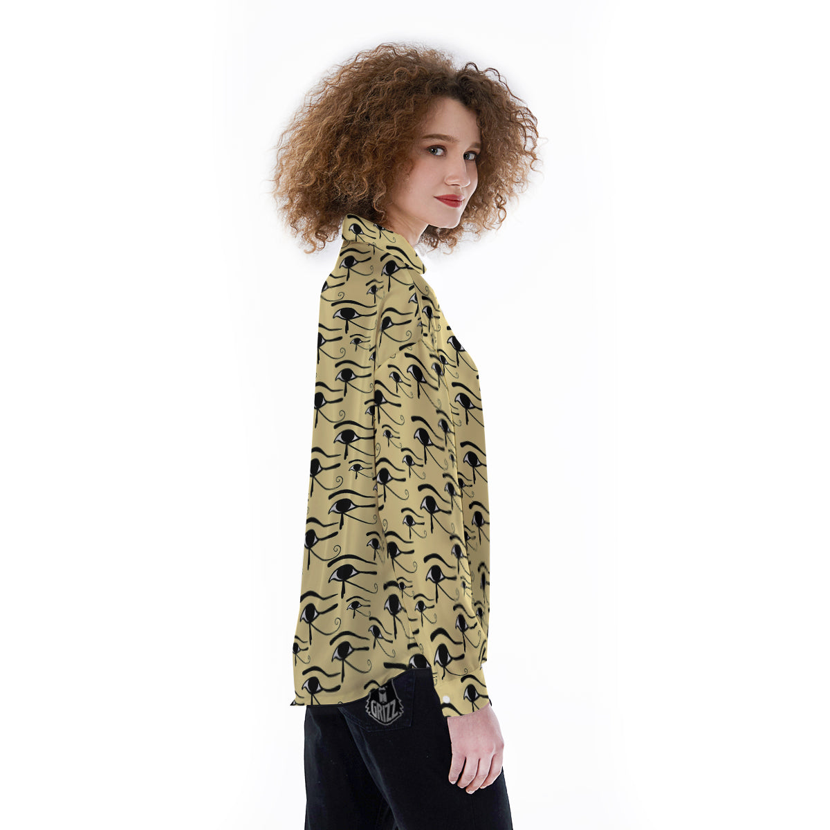 Beige Eye of Horus Print Pattern Women's Long Sleeve Shirts-grizzshop