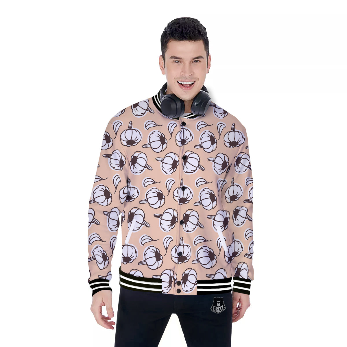 Beige Garlic Print Pattern Baseball Jacket-grizzshop