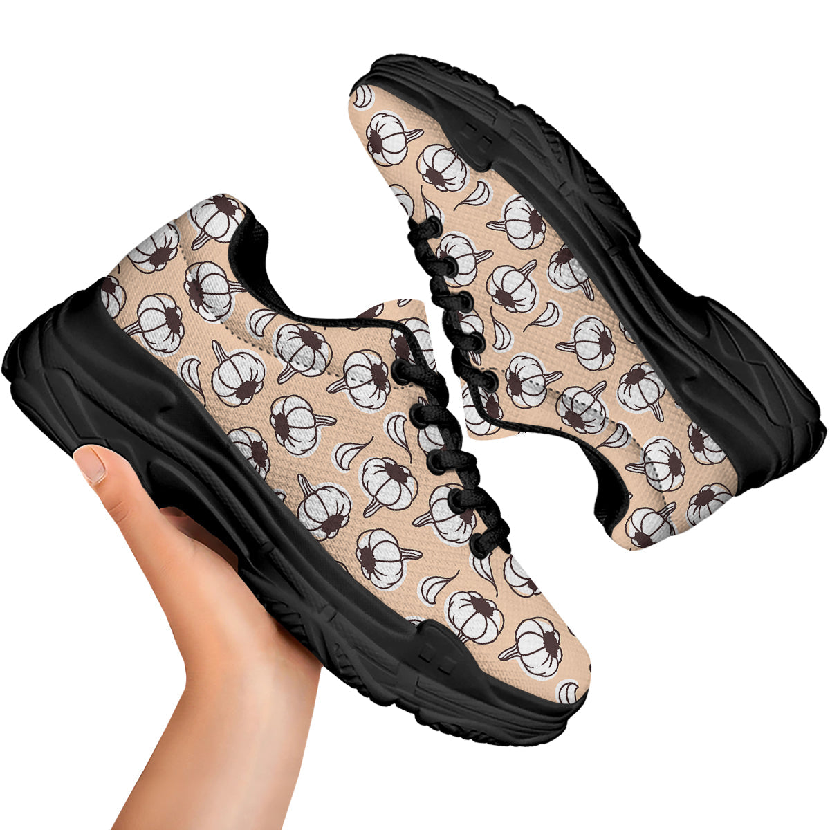 Beige Garlic Print Pattern Black Chunky Shoes-grizzshop