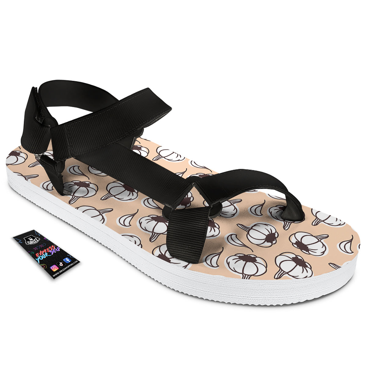 Beige Garlic Print Pattern Black Open Toe Sandals-grizzshop