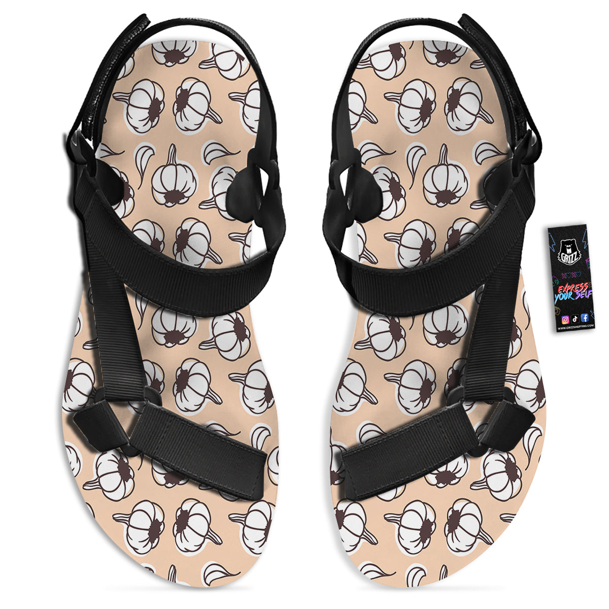 Beige Garlic Print Pattern Black Open Toe Sandals-grizzshop