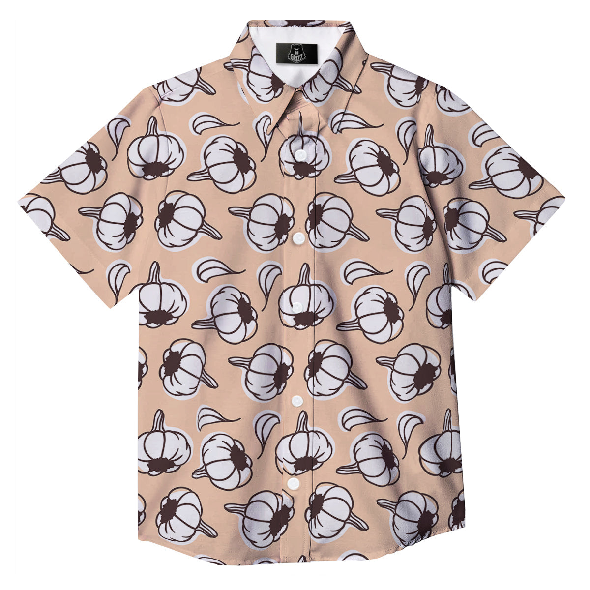 Beige Garlic Print Pattern Button Up Shirt-grizzshop