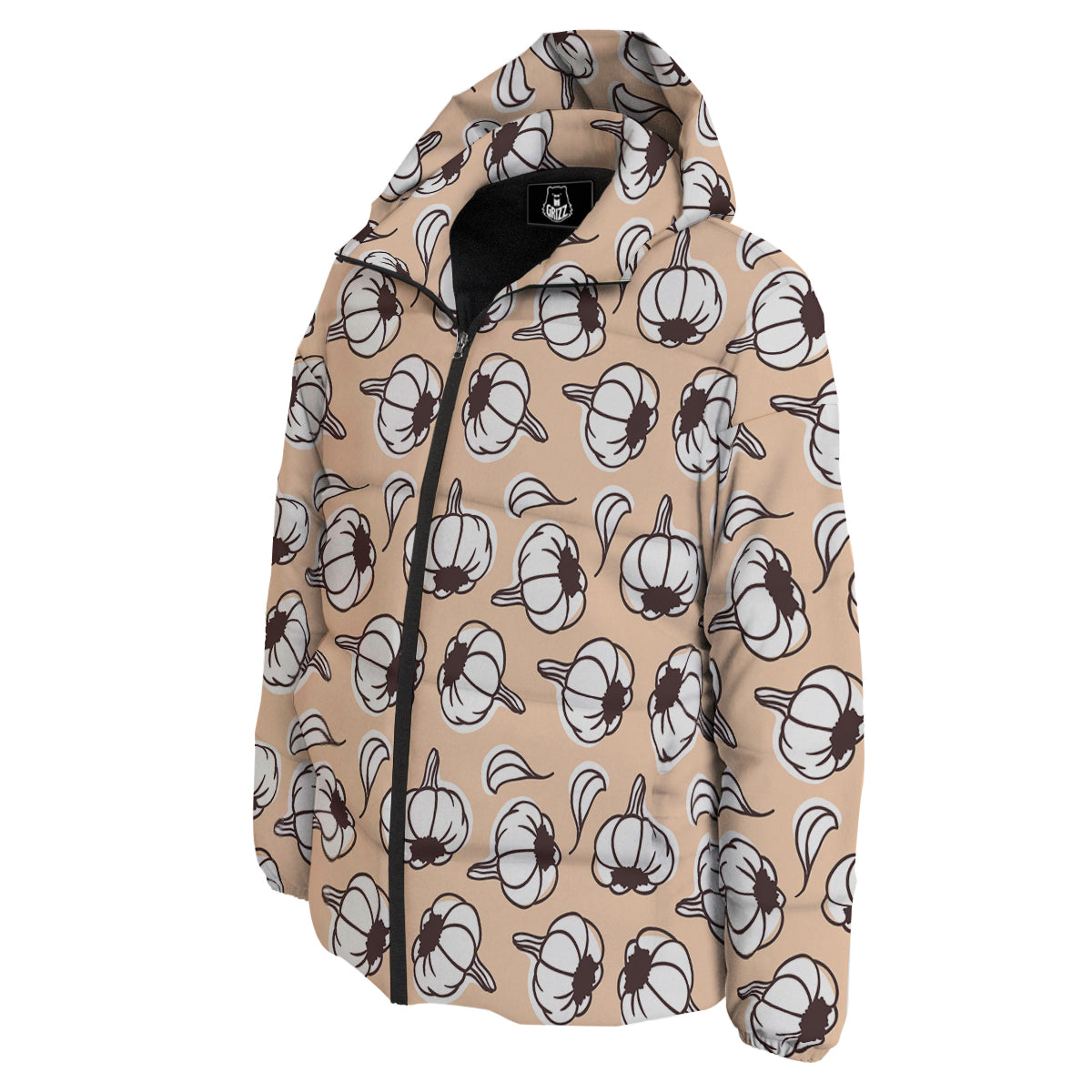 Beige Garlic Print Pattern Down Jacket-grizzshop