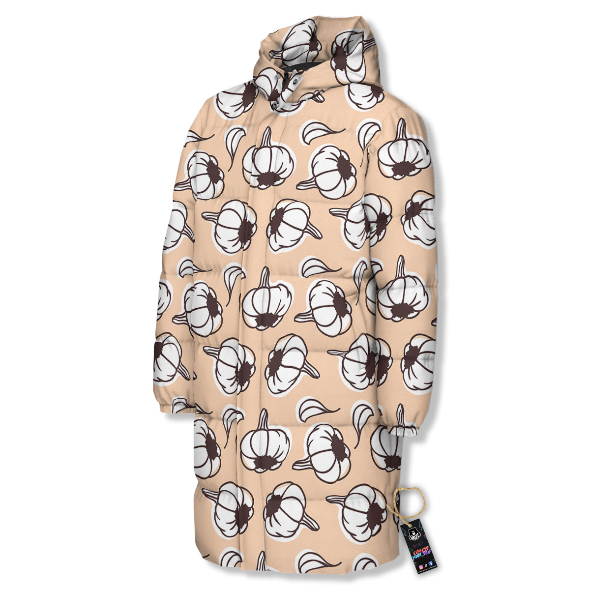 Beige Garlic Print Pattern Long Down Jacket-grizzshop